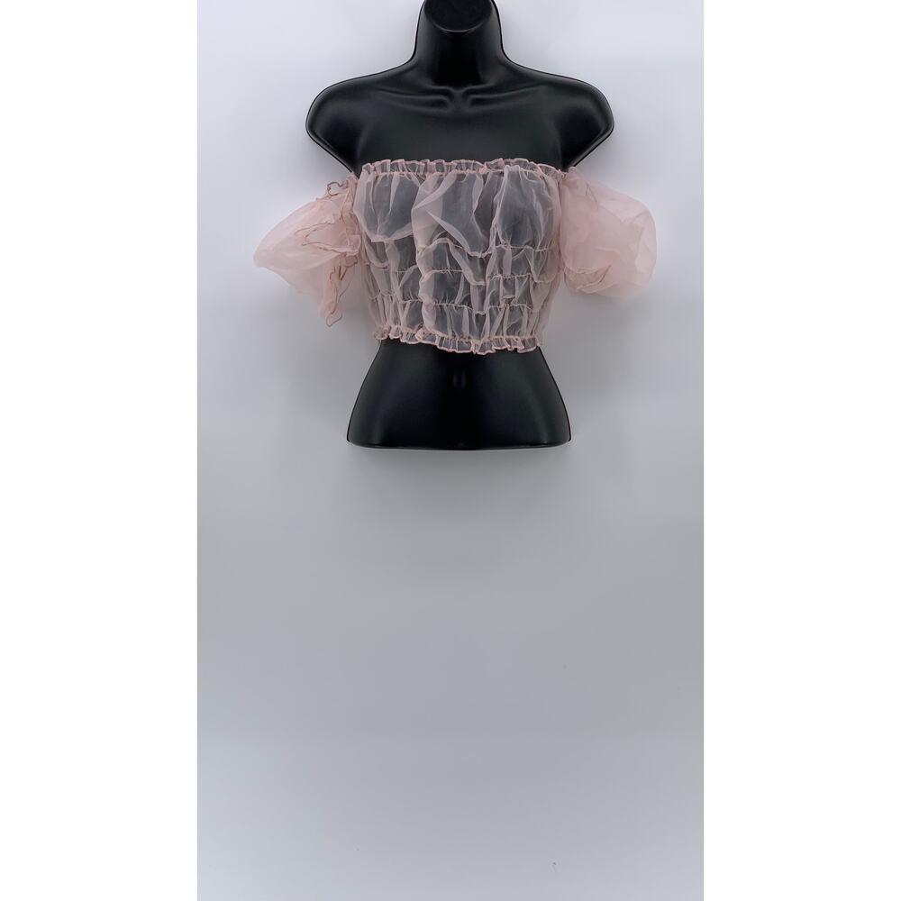 HEY BABE Women's Pink Sheer Puff Short Sleeve Off-The-Shoulder Cropped Top SZ S